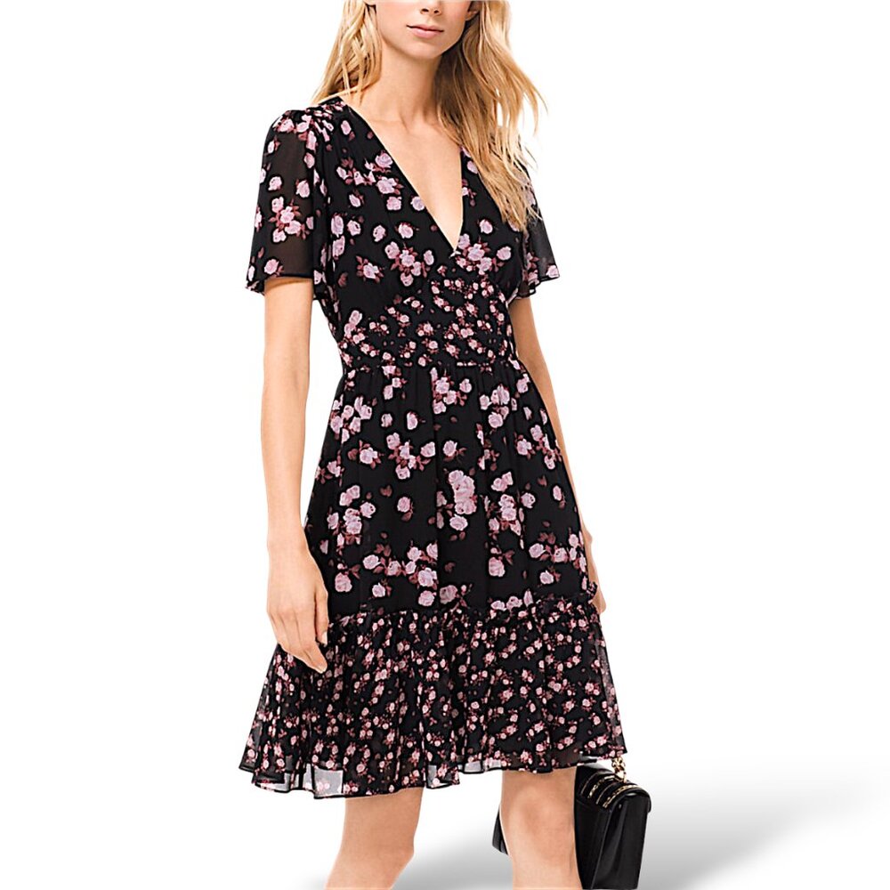 MICHAEL Michael Kors black pink mix Roses Georgette flutter sleeve mini dress S
